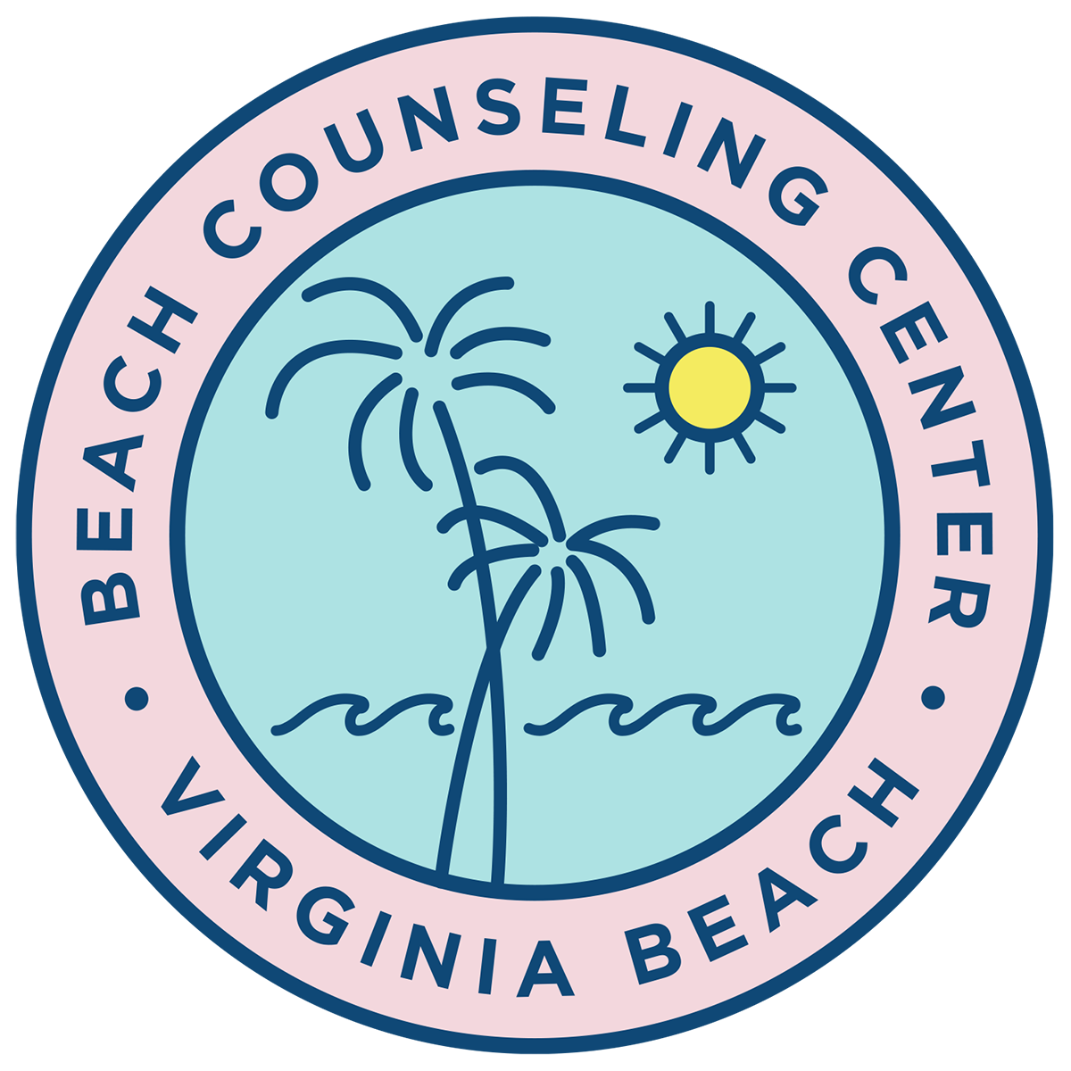 Circular logo for Beach Counseling Center, Virginia Beach, featuring two palm trees, ocean waves, and a sun on a blue background.