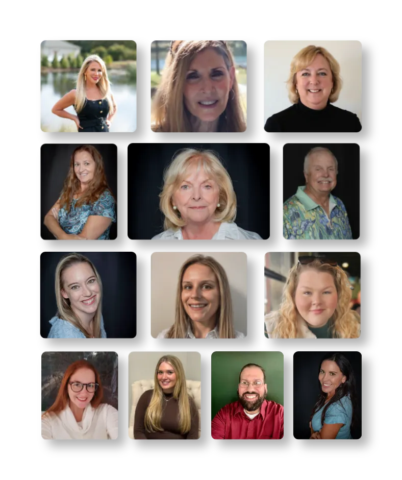A collage of thirteen people, each shown in individual portrait photos, arranged in a grid with varying backgrounds and expressions.